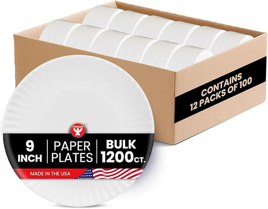 Hygloss Bulk Paper Plates 9-Inch - Uncoated Large Plain White Disposable Plates for Party, Dinner, Foodware, Events, Crafts & More - Environmentally Friendly - Recyclable & Microwave Safe (1200 Count)