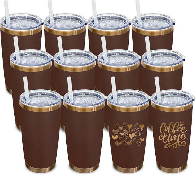 20 oz Tumbler Bulk 12 Pack Stainless Steel Tumblers with Lids and Straws, Double Wall Vacuum Insulated Travel Coffee Mug for Laser Engrave, Powder Coated Cups for Hot and Cold Drinks (Brown,12 pack)