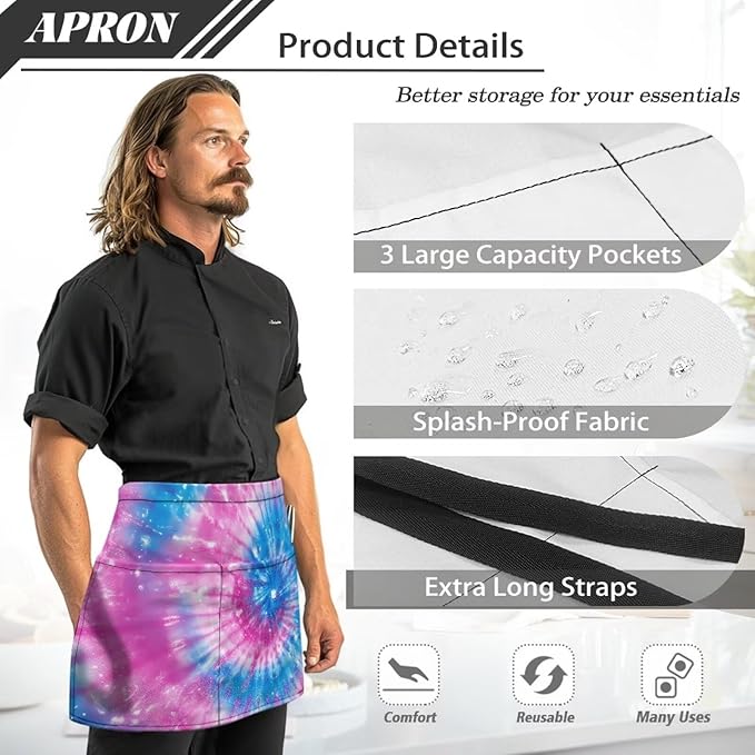 Server Waitress Waist Apron with 3 Pockets, Short Aprons for Servers,Waiter Apron For Waiter Accessories