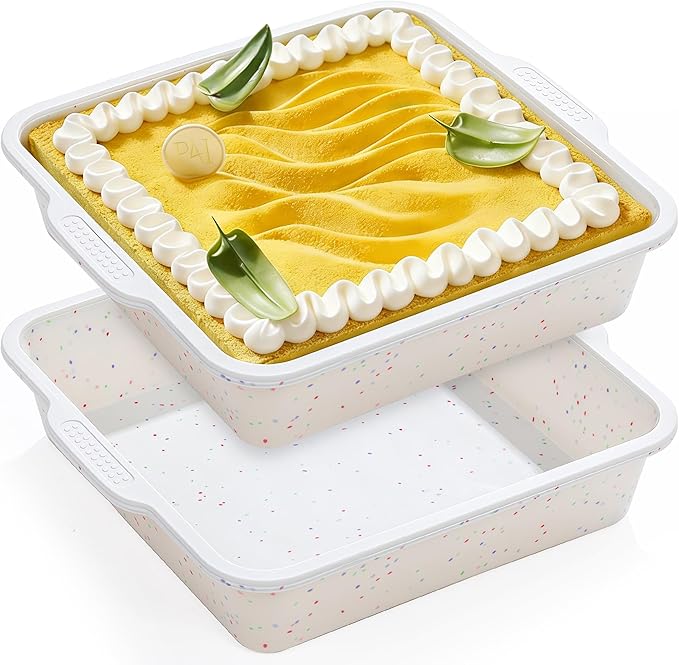8x8 inch Silicone Square Cake Pan with Metal Reinforced Frame, Nonstick Brownie Pan for Baking, BPA Free Set of 2 (Cream)