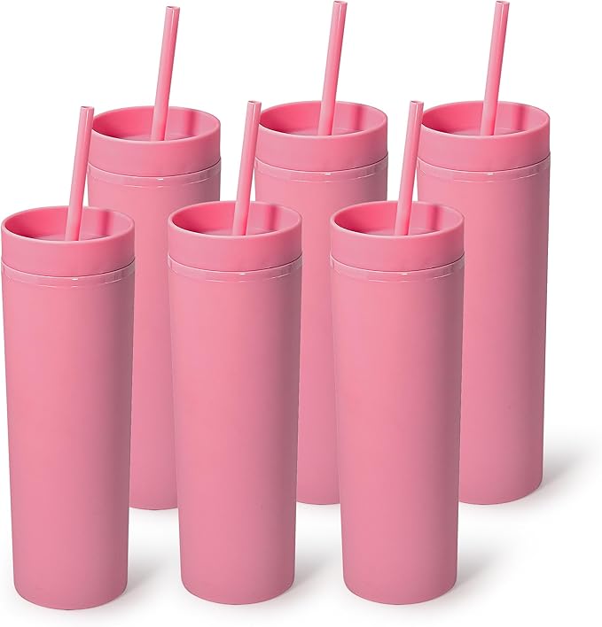 sweet grain Skinny Tumblers with Lids and Straws(6 Pack) - 16oz Matte Pastel Colored Skinny Acrylic Tumblers, Double Wall Plastic Tall Skinny Tumblers Bulk for Cold Hot Drinks - Pink