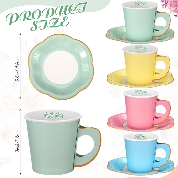 Umigy 60 Sets Pastel Tea Party Decorations 6.5 oz Paper Teacups & Saucer Set for Girls Women Afternoon Tea Parties Mothers Day Bridal Shower Wedding Birthday Party Decorations(Pastel)