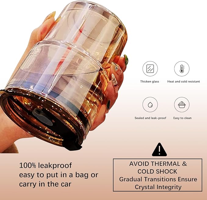 13oz/400ml Glass Water Tumbler with Straw and Lid Sealed Carry On Thick Wall Iced Coffee Cup Glass Cup for Water, Iced Tea Fruit Juice Etc (Amber)