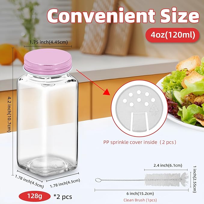 2Pcs 4oz Glass Spice Jars with Shaker Lids, Spice Jars Trial Set & Supplement Set, Empty Spice Containers and Square Spice Bottles for Kitchen (Pink iron Lids)