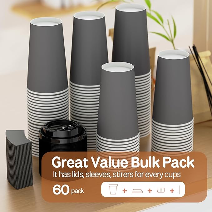 100 Pack 12 oz Disposable Paper Coffee Cups with Lids and Sleeves and Stirring Sticks, Leak-free Disposable Insulated Paper Cups for To Go Hot or Cold Beverages(Gray)