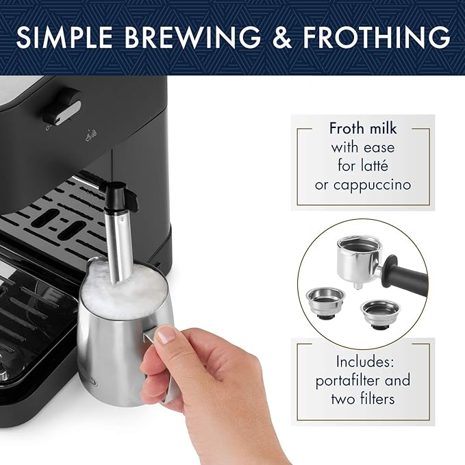 De'Longhi Stilosa Manual Espresso Machine, Compact Coffee Maker, 15 Bar Pump Pressure, Manual Milk Frother Steam Wand for Authentic Single & Double Espresso, Lattes & Cappuccinos, Tamper Included