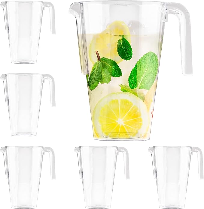 MATANA 6 Pack Clear Water Pitchers - 52 oz Plastic Beer Pitcher with Handle for Drinks, Juice, Lemonade, and Beverages - BPA-Free and Durable Iced Tea Pitcher for Fridge, Home, & Party