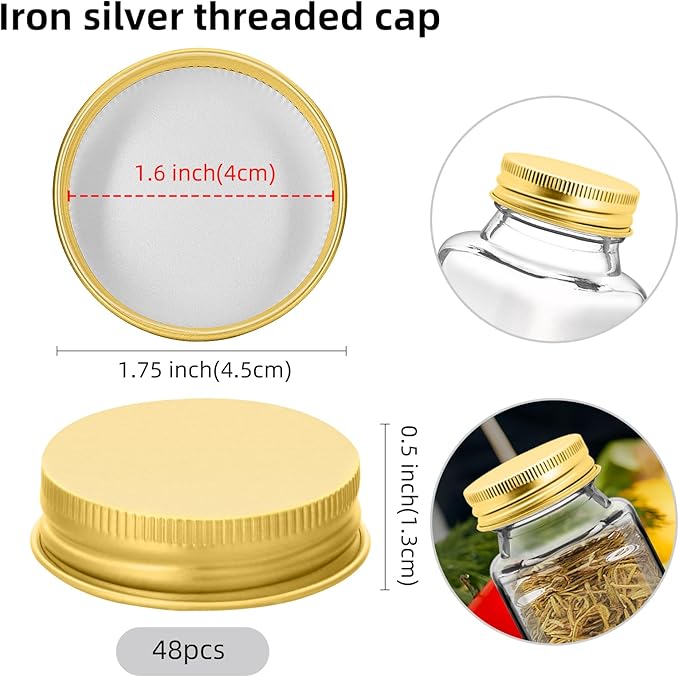48 Pcs iron Jar Lids Lids for 4 oz and 6 oz Square Spice Jars Reusable Can Airtight Spice Storage Canning Lids for Nice Sealing Kitchen (Gold)