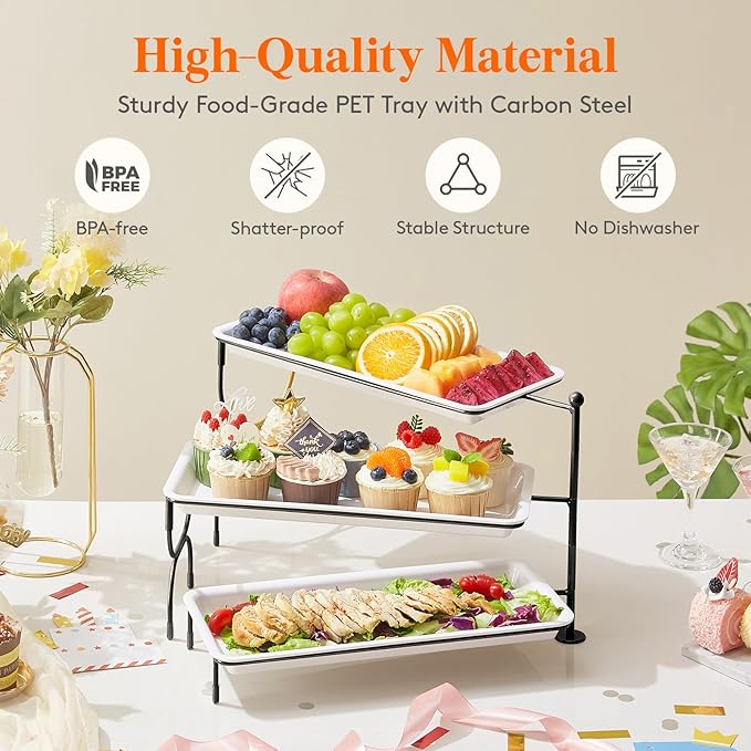Lifewit 3 Tier Serving Tray, 36 x 17 cm/14 x 6.5 White Plastic Tiered Food Serving Platters, Rotating Tiered Tray Stand for Party with Black Collapsible Metal Stand, Dessert Table Stands for Cookies