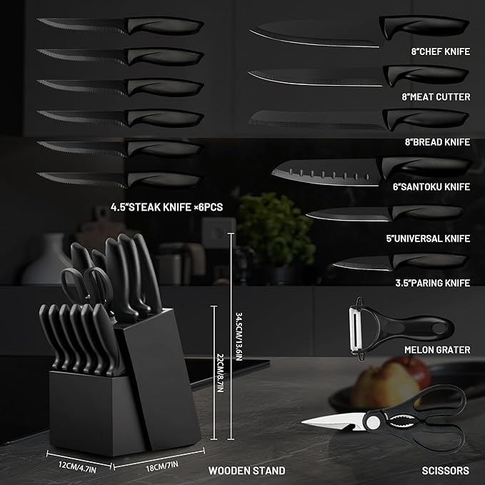 Knife Set, KroWallu 16 Pieces Knife Sets for Kitchen with Block, Dishwasher Safe Kitchen Knife Set with Built-in Sharpener, Japanese Stainless Steel Black Knife Block Set
