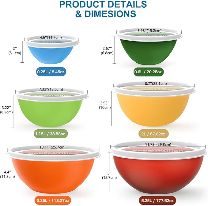 6-Piece Plastic Mixing Bowls Set with Airtight Lids, Nesting Bowls for Space Saving, TPR Sealed & PP5 Leak-Proof Lids, for Baking, Prepping & Serving, Dishwasher Safe (Rose Red)