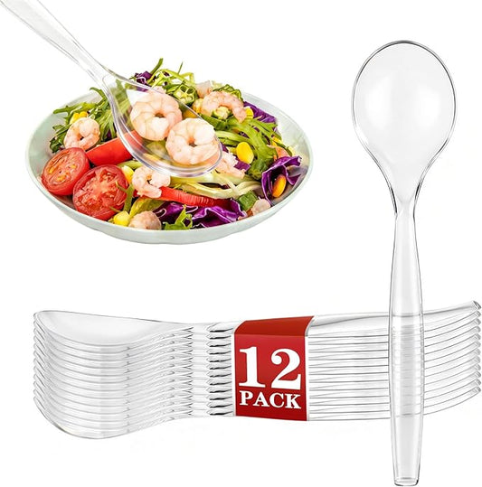 Mwellewm 10" Serving Spoons for Buffet Parties Plastic Serving Utensils 12 Packs Disposable Spoons for Buffet Large Heavy Duty Clear Plastic Soup Spoons Catering Supplies for Wedding Gathering Holiday