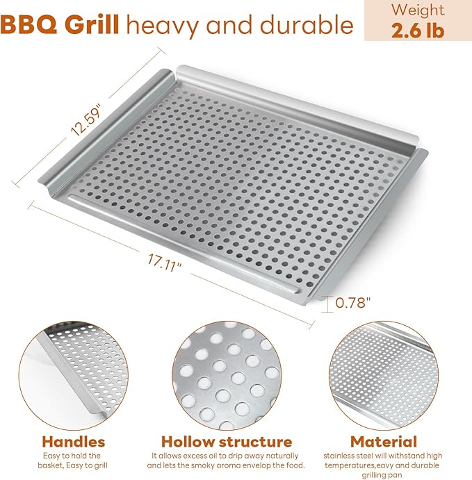 Grill pan, Grill topper for outdoor grill with hole, 17.7 * 12.6 Cooking Surface, Stainless steel grill pan for Gas Grill,camping or party (larger)