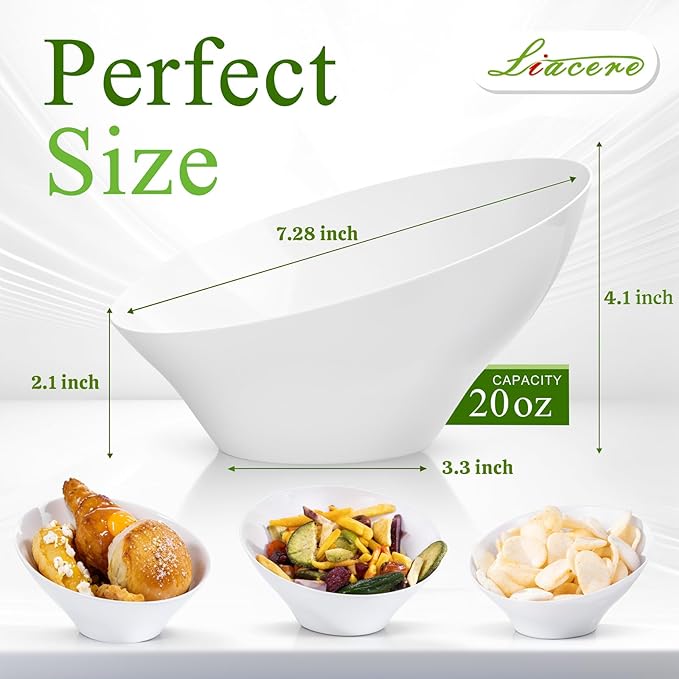 Liacere 16 Pack White Plastic Serving Bowls - 20 OZ Snack Bowl - Disposable Bowl Angled Party Table Salad and Fruit Bowl Small Serving Bowls for Chip&Candy, Ideal for Wedding & Christmas & New Year