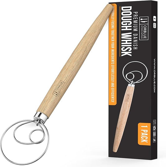 ORBLUE Premium Danish Dough Whisk - Dutch Whisk with Stainless Steel Ring - Danish Whisk for Bread, Pastry or Pizza Dough, 13-inch 1-PACK