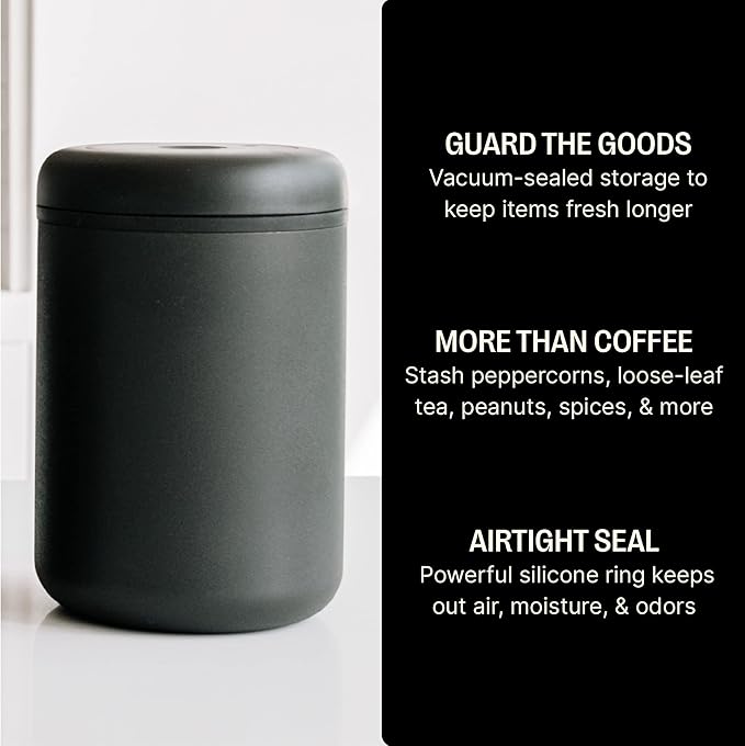 Fellow Atmos Vacuum Coffee Canister – 1.2L Stainless Steel Airtight Food Storage Container for Coffee Beans, Ground Coffee, Tea & Spices – Vacuum Seal Preserves Freshness – Matte Black