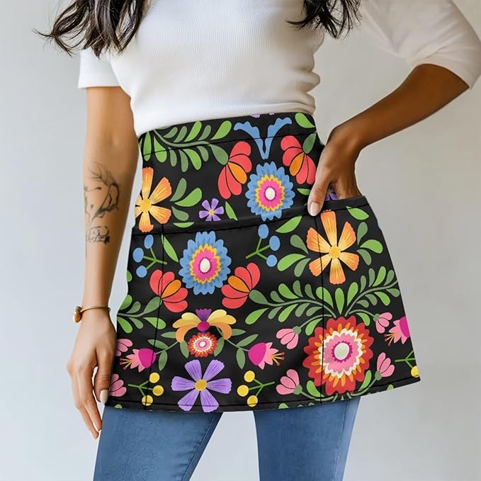 Server Waitress Waist Apron with 3 Pockets, Short Aprons for Servers,Waiter Apron For Waiter Accessories