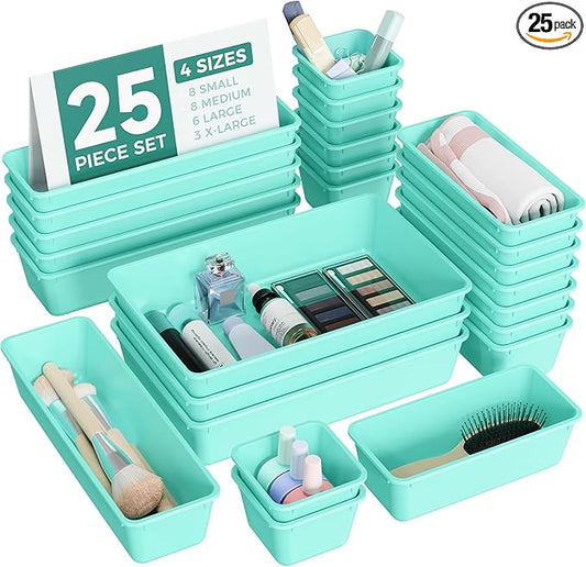 25 PCS Plastic Drawer Organizers Set, 4-Sizes Vanity and Makeup Organizer, Desk and bathroom Drawer Organizer Trays, Organizers and Storage for Makeup, Jewelry, Gadgets, Utensils (Blue)