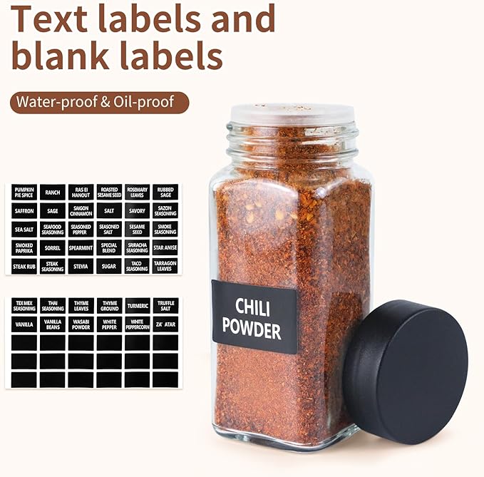 6 Spice Jars with Labels,4oz Empty Glass Spice Containers with Shaker Lids,Square Seasoning Bottles for Spice Rack, Drawer, Cabinet (6)