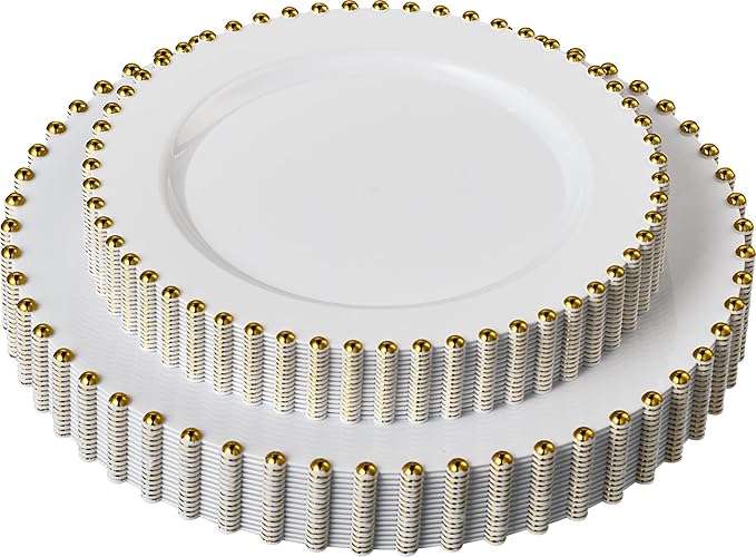PLASTICPRO 128 Piece Combo Plastic Dinner Plates Disposable Plastic Fancy Heavy Duty Party Dishes 7 inch and 10 inch, White and Gold Beaded