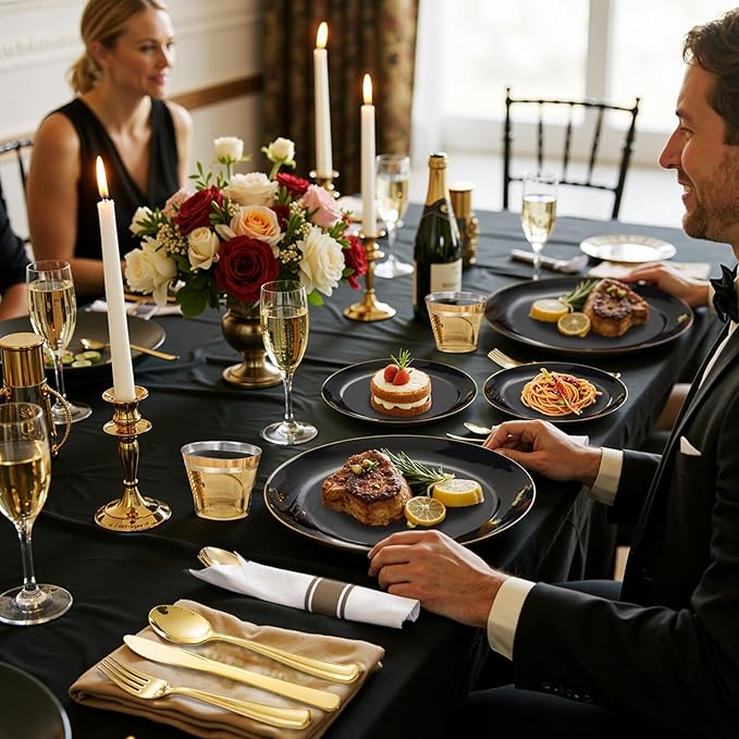 KIRE 200Pcs Black Plastic Plates - Black and Gold Plates Disposable for Party - Include 100 for Dinner and 100 for Dessert for Birthday/Wedding