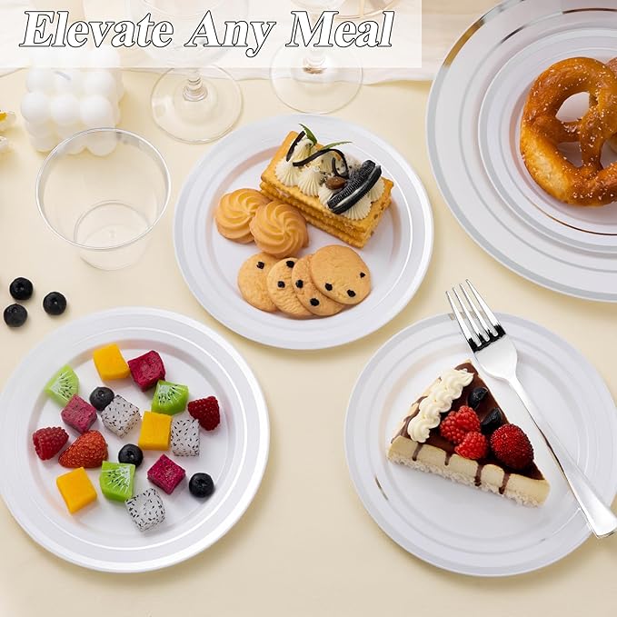 BESTSTAR 100 Piece Silver Rim Plastic Plates - 50 Dinner Plates 10.25" & 50 Dessert Plates 7.5" - Premium White Disposable Plates, Heavy Duty & Elegant for Wedding, Party, and Formal Events
