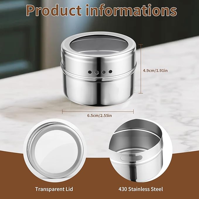 12pcs Stainless Steel Spice Jars, Magnetic Condiment Tins Magnetic Spice Jar With Clear Lid And Holes Sift&Pour - Easy To Clean