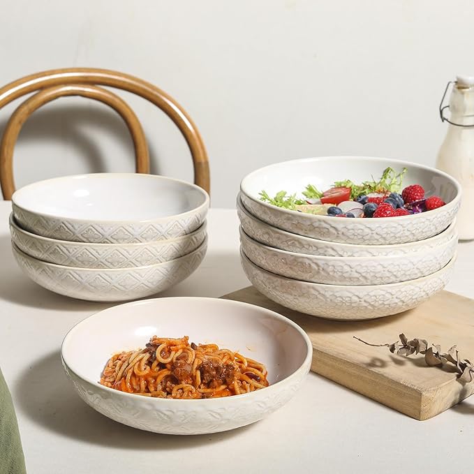 8 inch Pasta Bowls, 22 Oz Ceramic Serving Bowls Set of 4, Embossed Porcelain Salad Bowl, Serving Dishes for Pasta, Salad, Soup, Fruit, Housewarming Gift, Wedding Decor, Oven & Dishwasher Safe