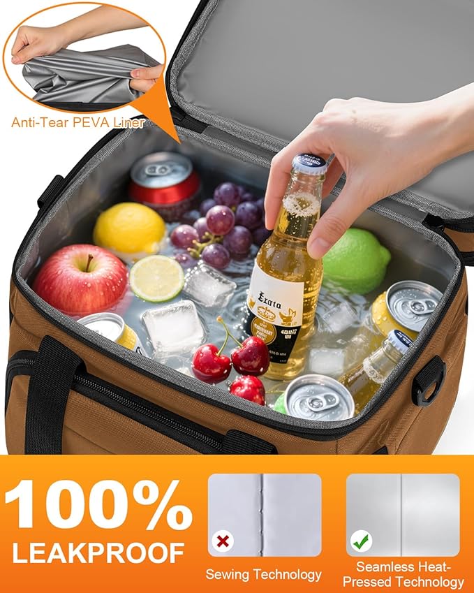 Lunch Box For Men Women Double Deck Insulated Lunch Bag For Men Woman Leakproof Expandable Cooler Bag with Adjustable Shoulder Strap for Kids Shool Work Picnic Camping(Brown,Large)