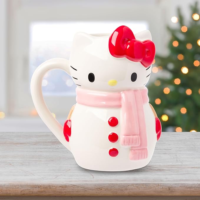Silver Buffalo Sanrio Hello Kitty Christmas Holiday Snow Man Ceramic 3D Sculpted Mug, 20 Ounces
