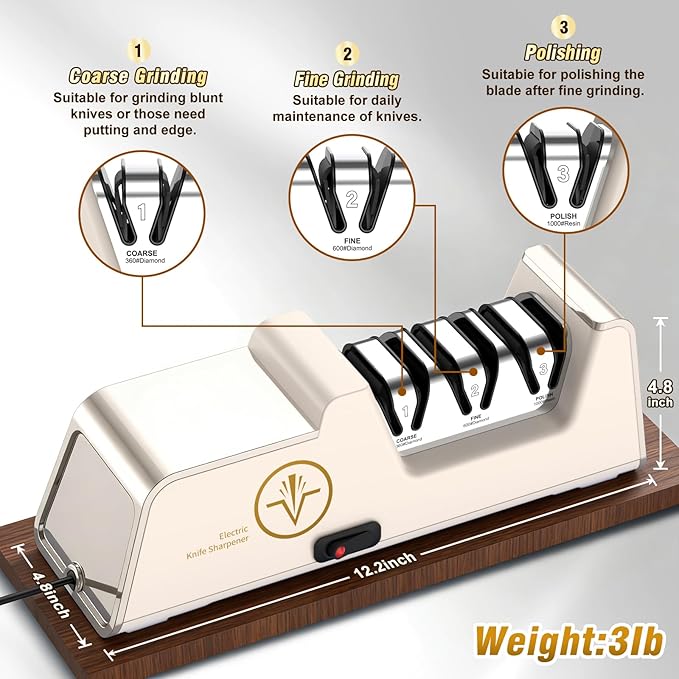 Professional Electric Knife Sharpener with 100% Diamond Abrasives, 3-Stage Precision Angle Guides, Champagne Gold, for Kitchen Straight Edge and Ceramic Knives