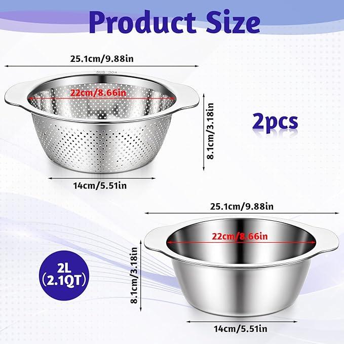 304 Stainless Steel Microporous Colander with Handle, 2QT Rice Washer Strainer with Mixing Bowl, Stainless Steel Colander for Kitchen, Microporous Strainer Set for Washing Vegetables Fruits Rice