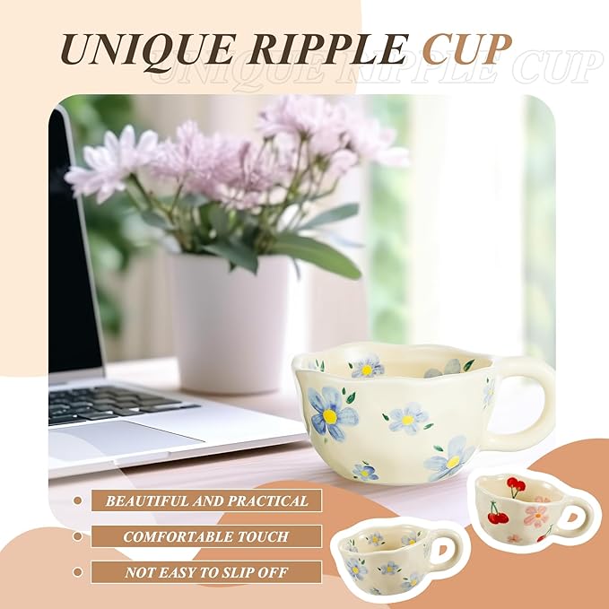 Vesici 2 Pcs Ceramic Coffee Mugs with Spoon, Vintage Floral Spring Mugs with Handle, 8.5 oz Aesthetic Flower Porcelain Tea Cup Set, Dishwasher & Microwave Safe for Home Office Gift(Lovely)