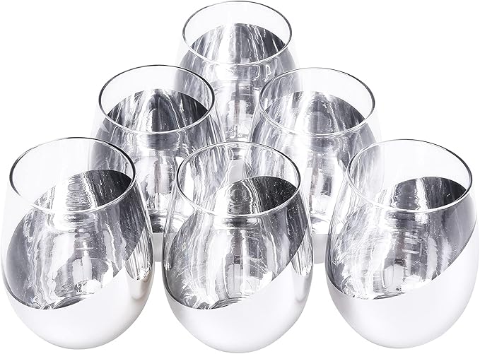 MyGift Modern Stemless Wine Glass Set of 6, White or Red Wine Glasses with Silver Metallic Bottom Angled Design