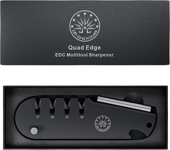 Off-Grid Knives - QuadEdge Knife Sharpener with 4 Angles: 17° | 20° | 25° | 30°, Diamond Rod, Fishing Hook Sharpener, Ceramic Honing Stone – Camping, Fishing, Hunting, Boating (Black)