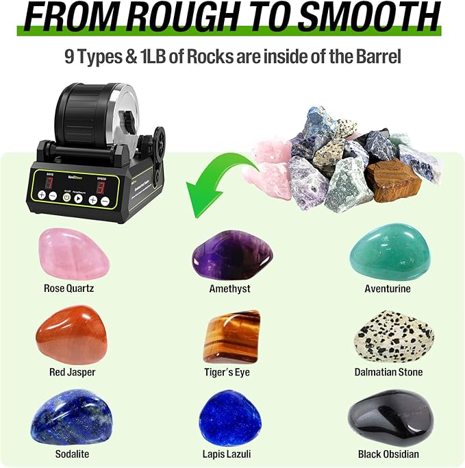 C1 Pro Brushless Rock Tumbler Kit - Professional Large 2.5LB Capacity, Up to 3X More Durable, Ultra Long Working Life Rotary Polisher with Full Accessories & Memory Function, Ideal for Adults