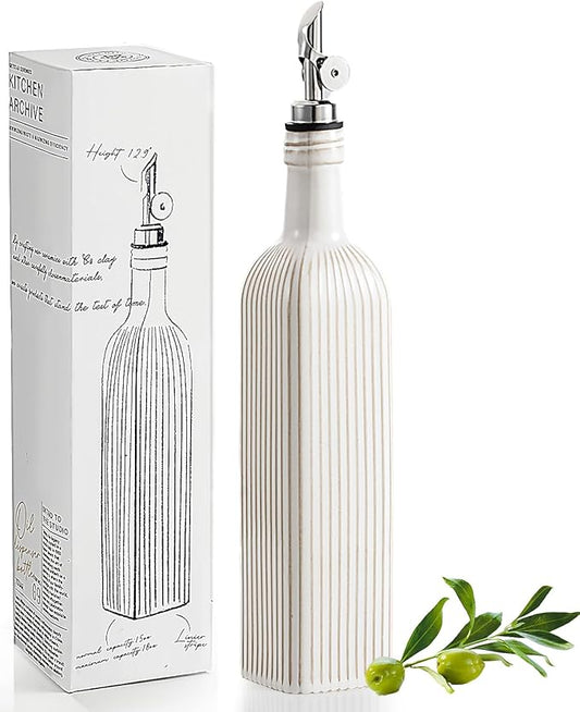 getstar 18 oz Olive Oil Dispenser Bottle for Kitchen, Ceramic Oil Bottle with Automatic Stainless Steel Pourer (Silver Pourer, Vintage White)