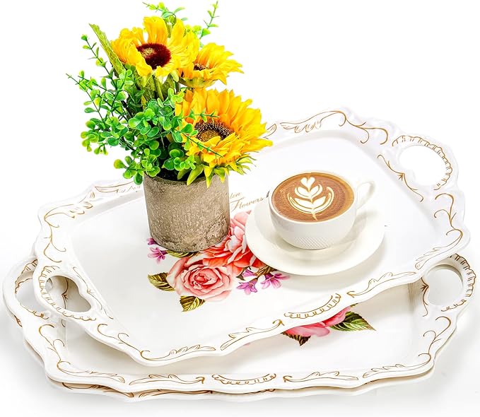 Nicunom 3 Pack Melamine Serving Tray with Handles, Floral Serving Trays Stackable Food Tray for Eating Unbreakable Large Serving Platter for Party, Decor, Home, Restaurant, Gift,16" L x 11" W