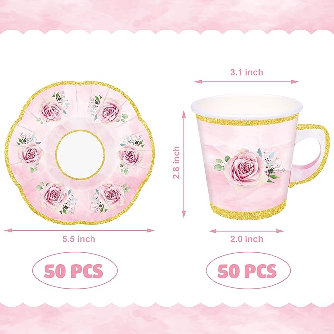 100 Pcs Paper Tea Cups and Plates Pink Floral Disposable Paper Teacups and Saucer Sets with Gold Rim Decorations for Hot Cold Drinks for Wedding Birthday Baby Shower Tea Party, Serve 50