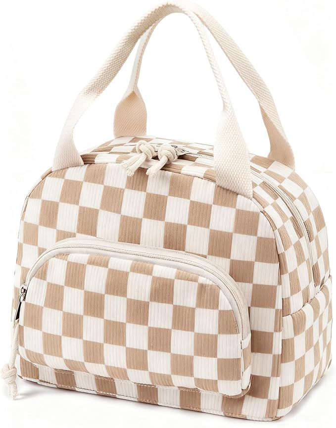 Lunch Bag Women Lunch Box for Women Adult Cute Insulated Lunch Bag Small Cooler Lunch Tote Bags for Work Picnic Travel (Beige-Brown Plaid)