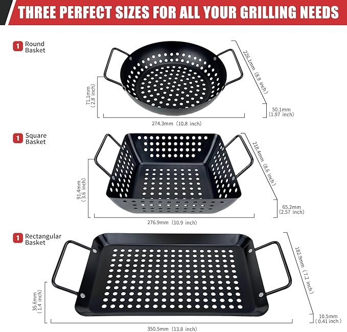 Qetumst Small Non-Stick 3 Piece Grill Basket Set – BBQ Grilling Basket for Vegetables, Seafood & Meat – Heavy Duty Perforated Grill Pan for Charcoal, Gas and Outdoor Grills, Easy to Clean Grilling Accessories
