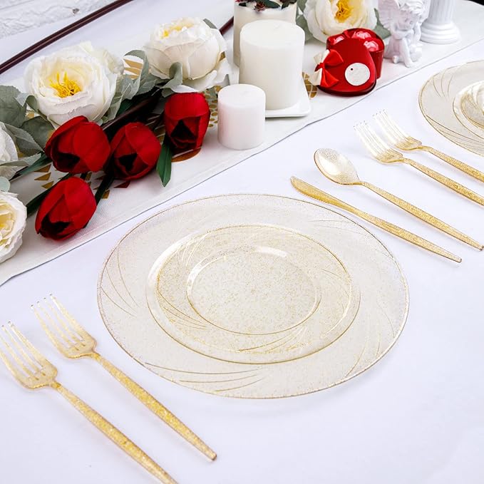 Supernal 180pcs Gold Plastic Silverware Durable Plastic Silverware Gold Glitter Color Party Cutlery Disposable Flatware Heavy Duty Include 60 Forks,60 Knvies,60 Spoons for Wedding,Birthday (Pack of 2)