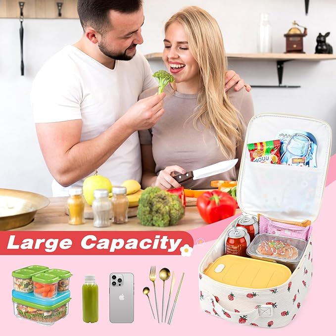 Aileam Lunch Box Lunch Bag for Women Cute Girls Insulated Womens Lunch Bag For Work Quilted Large Capacity Reusable Insulated Cooler for Work School Picnic Travel Strawberry Beige