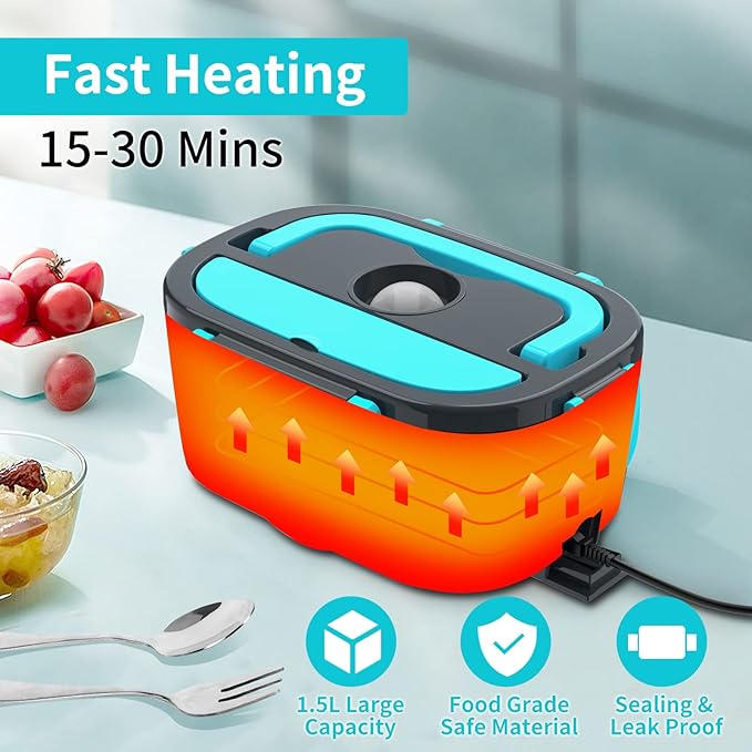 Electric Lunch Box, Food Warmer Heater 12V 24V 110V, 80W Faster Heated Lunch Box for Car/Truck/Home Portable Heating Boxes with 1.5L 304 SS Container Fork & Spoon