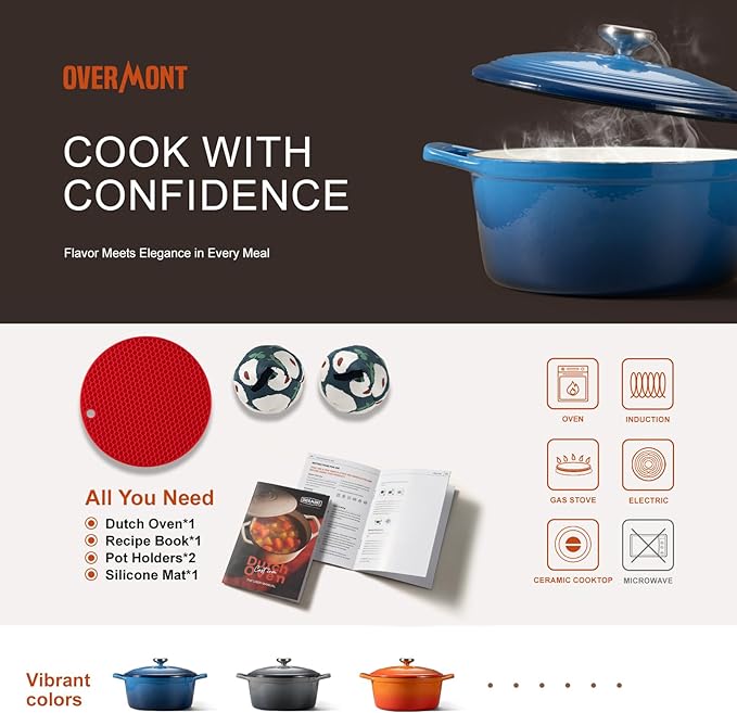 Overmont Enameled Cast Iron Dutch Oven - 5.5QT Pot with Wide Handles Lid Cookbook & Cotton Potholders - Heavy-Duty Pre-Seasoned Cookware Oven Safe to 500°F for Braising, Stews, Roasting, Bread Baking