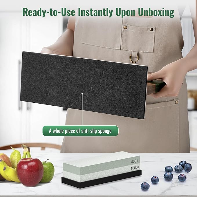 Magnetic Knife Block with Sharpening Stone and Stainless Steel Magnetic Knife Strip, Emojoy Double Side Magnetic Knife Holder, Acacia Wood Knife Block and Green Resin