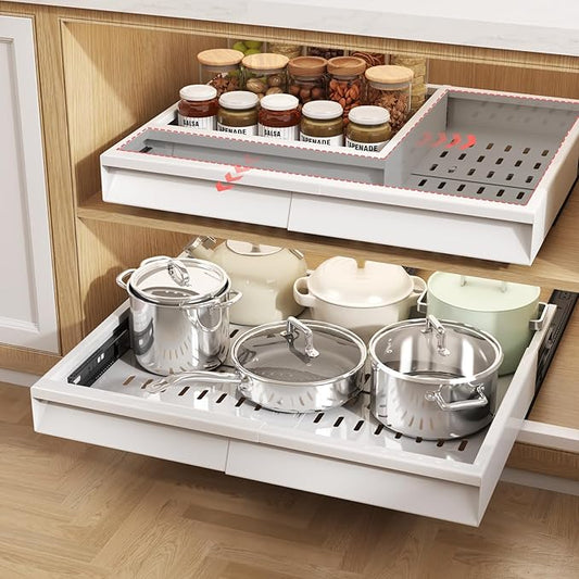 2 Pack Pull Out Cabinet Organizer With Raising Pad for Framed Cabinets,Expandable Width (13"-21") and Depth (13"-17"),3 Slide Rails Slide Out Drawers with Handle,No-Drill Roll Out Shelf,White