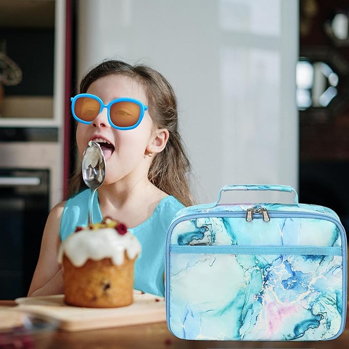 LEDAOU Lunch Bag Kids Insulated Lunch Box Girls Toddler Reusable LunchBox for School Picnic Hiking (Marble Blue)
