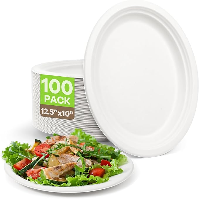 Disposable Oval Paper Plates, 100Pack 12.5inch Biodegradable Large, Compostable Heavy Duty Bagasse Platters Eco-Friendly Sugarcane Plates for BBQ, Party, Picnic - White