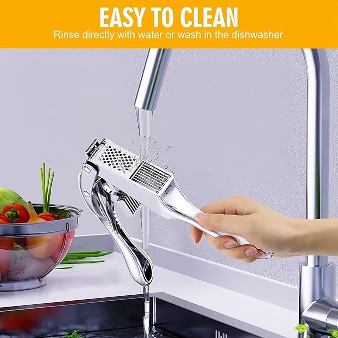 WUJIE Stainless Steel Garlic Press and Slicer - 2-in-1 Crusher and Mincer, Professional Kitchen Tool with Cleaning Brush for Garlic and Ginger